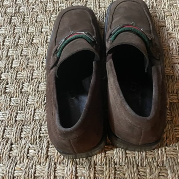 Gucci chunky square toe brown suede loafers with metal horsebit & stripe ribbon main image 4